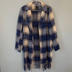 Nwot Love Tree Blue and Cream Plaid Fringe Duster